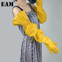 eam women yellow lantern sleeve long gloves new pu leather personality fashion tide all match 2021 autumn winter 1dc977