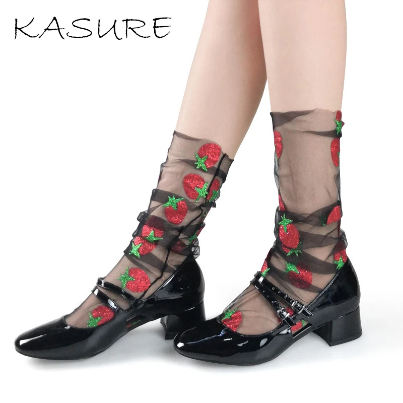 

KASURE 2020 Fishnet Transparent Ankle Socks Summer Lady Fruit Flower Mesh Hosiery Mujer Sweet Shiny Summer Clear Thin Long Socks