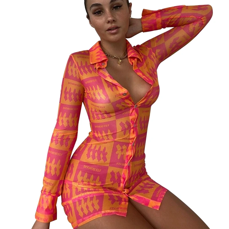 

Ladies Shirt Dress Printing/Color Matching Lapel Long-Sleeved Mini Skirt Autumn 2021 New Casual High Street Fashion Personality