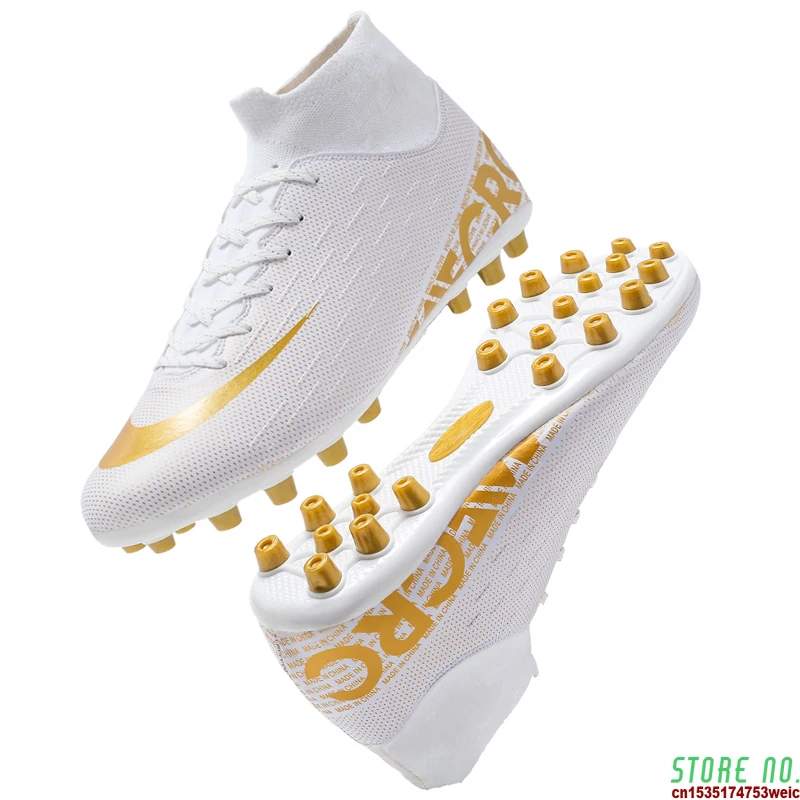 

Men Football Soccer Cleats Boots Long Spikes TF Ankle High Top Sneakers Soft Indoor Turf Futsal Sport Gym Shoes Men