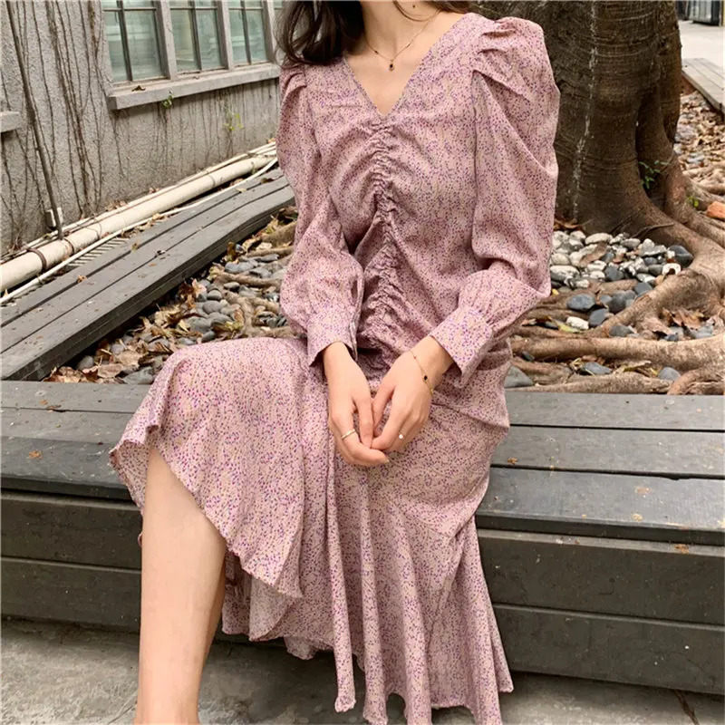 HziriP плиссированное платье с рукавами пуховками элегантное рюшами и принтом в