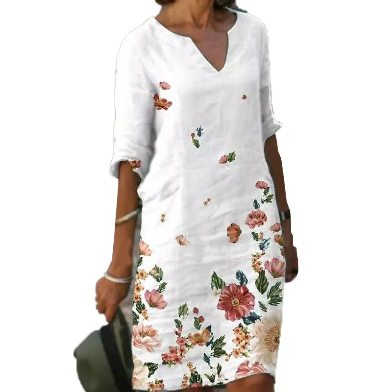 

Vintage Geometry Print Dress Women 2021 Summer Elegant V-Neck Half Sleeves Knee Length Dresses Female Casual Loose Vestidos