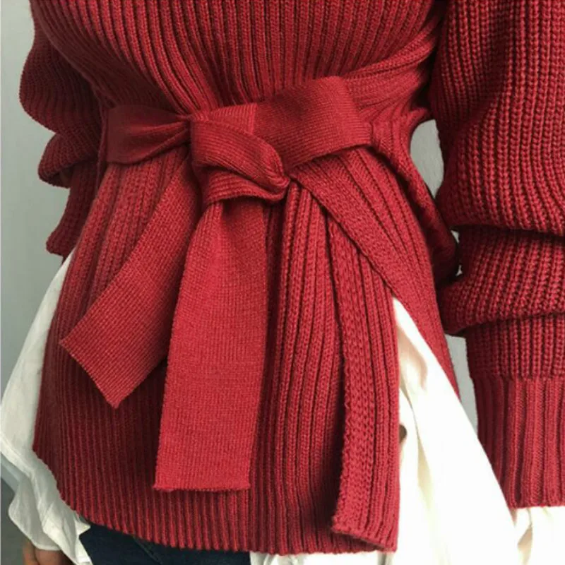 

Women's Chic Style Turtleneck Sweater Solid Puff Sleeves Lace Up Split Hem Knitting Sweaters Office Lady Elegant Knitted Clothes