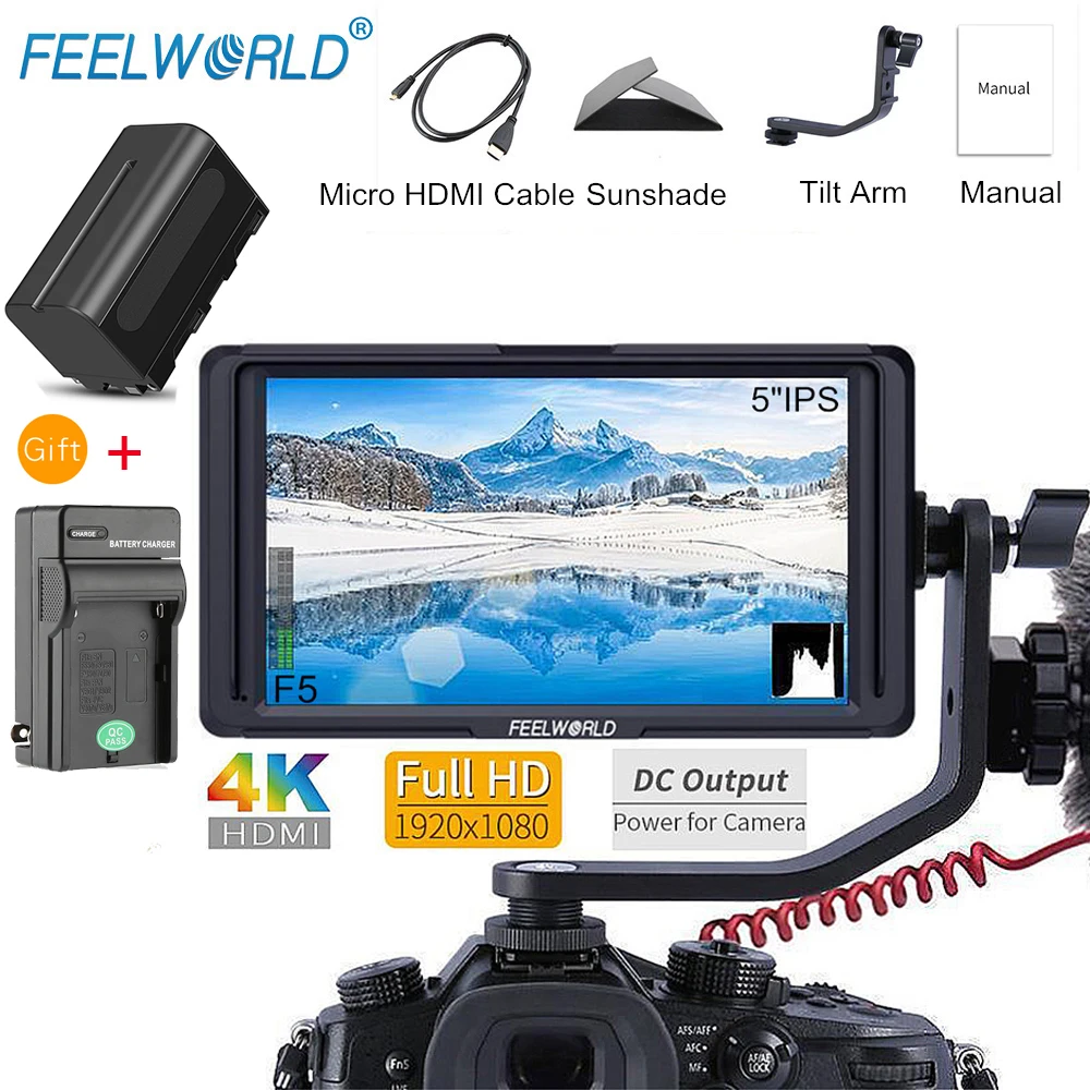 Monitor With Battery FEELWORLD F5 " DSLR камера полевой монитор 4K HDMI Full HD 1920x1080 ips видео Peaking Focus Assist с NP750 батарея+ зарядное устройство - Цвет: Monitor With Battery