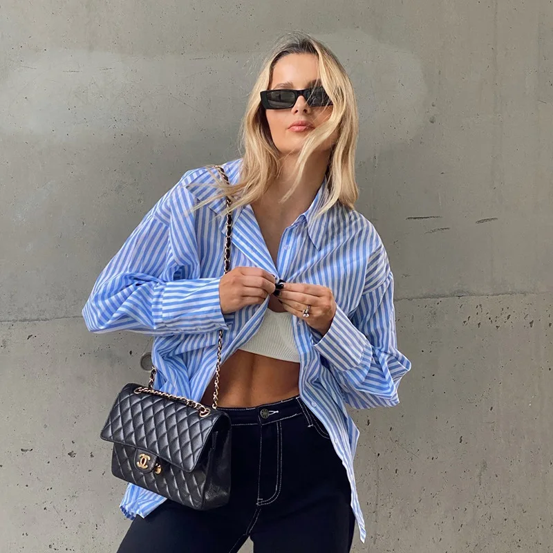 2021 Runway Fashion Blue Striped Shorts Sets Women Summer Outfits Casual Loose Long Sleeve Shirts And Short Pant Suit Female |