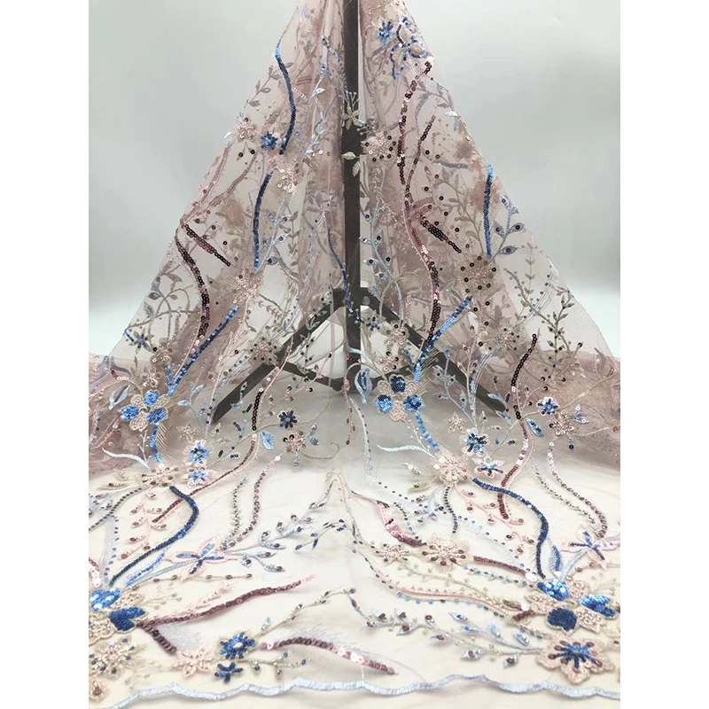 

African Lace Fabric Wedding 5 Yards Colorful Floral Embroidery With Sequins Polyester Lace Latest Exquisite Design For Bridal