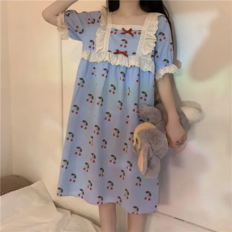Long Ins Pajamas Women's Summer Short Sleeve Nightdress 2021 New Princess Wind Sweet Lovely Girl Home Dress Comfortable