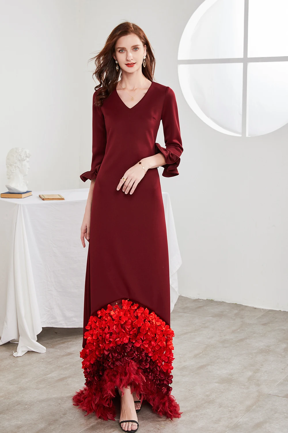 

Women's Runway Designer Dresses Sexy V Neck Long Sleeves Ruffles Appliques Elegant Party Prom Vestido Dresses