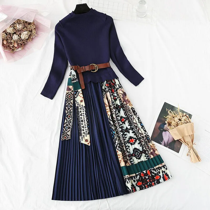 

Autumn Winter Knitted Dress Elegant Ladies Long Sleeve Pleated Sweater Dress With belt Vintage A-line Print Women Dress Vestidos