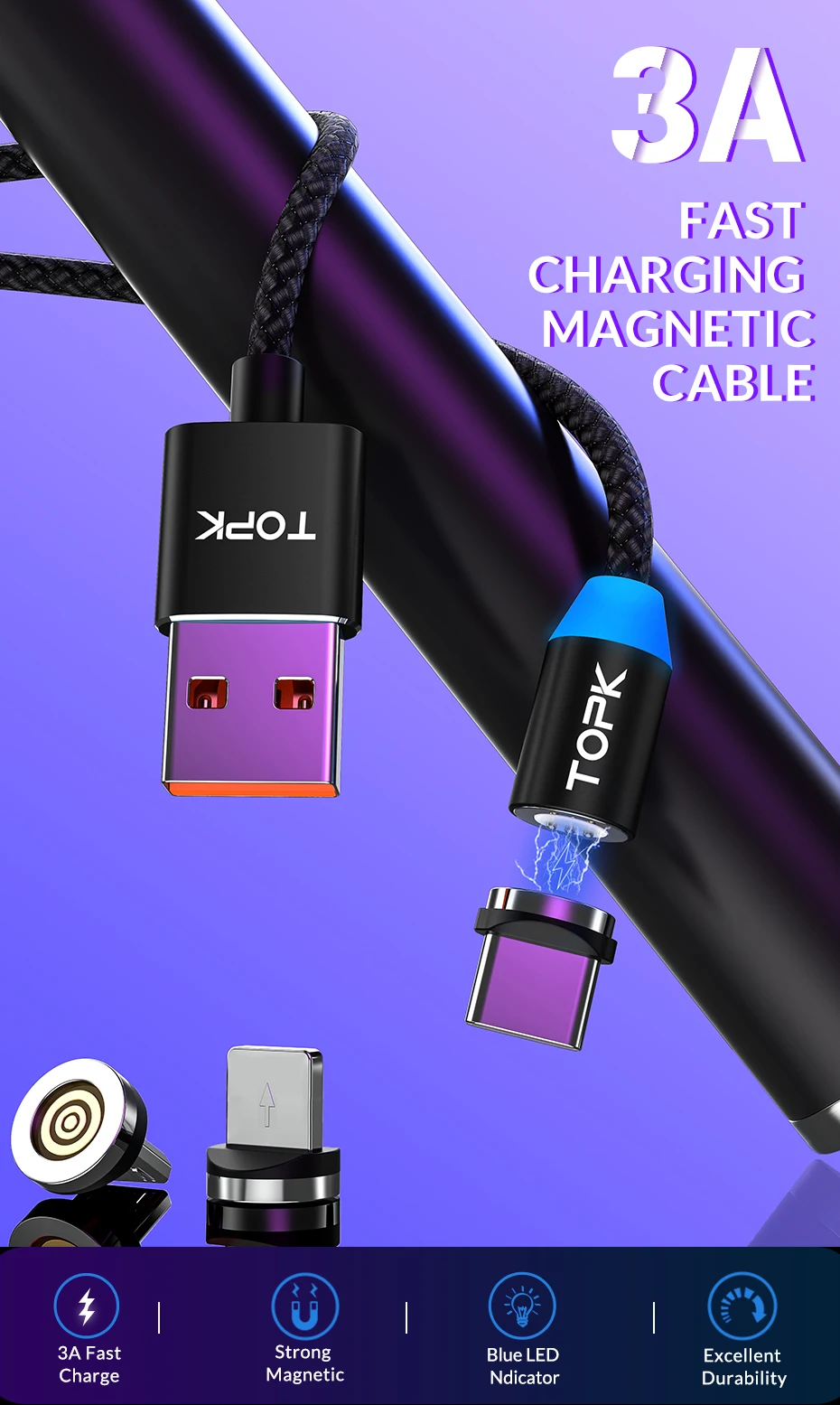 TOPK AM37 Быстрая зарядка Магнитный зарядный кабель mi cro usb type C кабель для iPhone X Xs Max 11 8 7 6 Xiaomi mi note 10 телефонные кабели