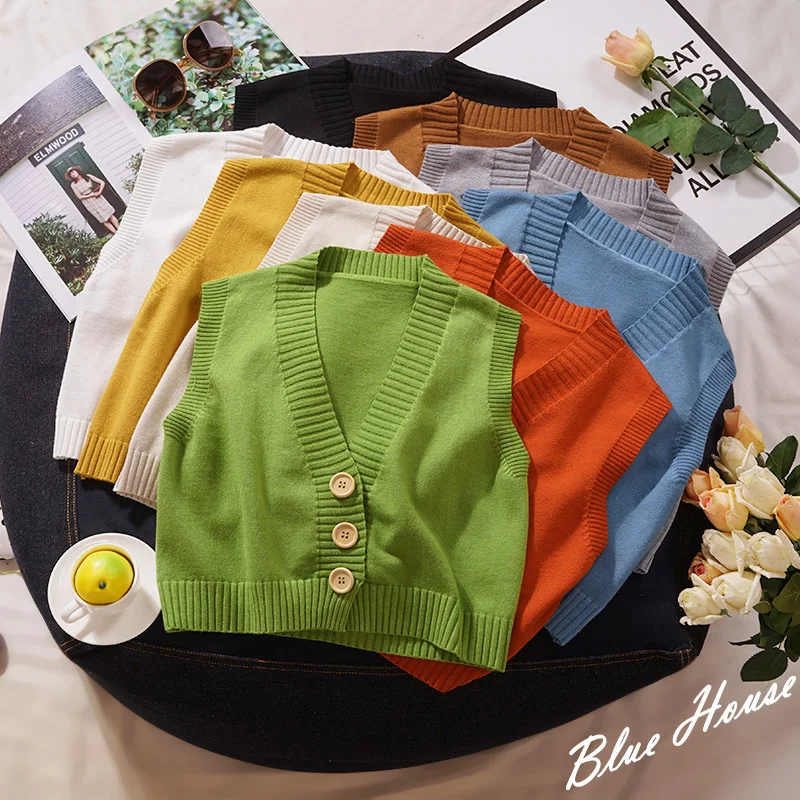 

Crop Top Knitted Cardigan Vest Women's Sweater Autumn Winter Korean Wild Sweater Vests Sleeveless Tanks Female Buttons Tops New