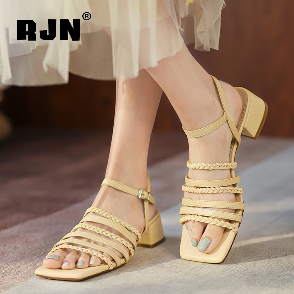 

RJN Square Heel Low Concise Stylish Narrow Band Women Shoes Sandals Summer Soft New Dressing Square Toe Genuine Leather RL101