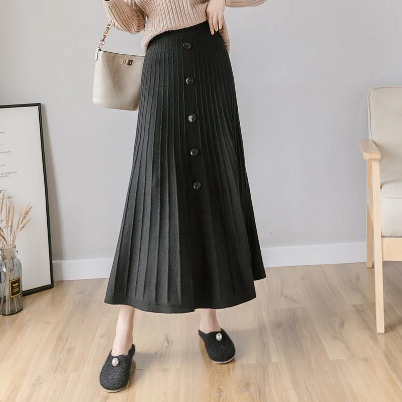 Корейская мода трикотажные длинные юбки на пуговицах Корея осень зима женские с