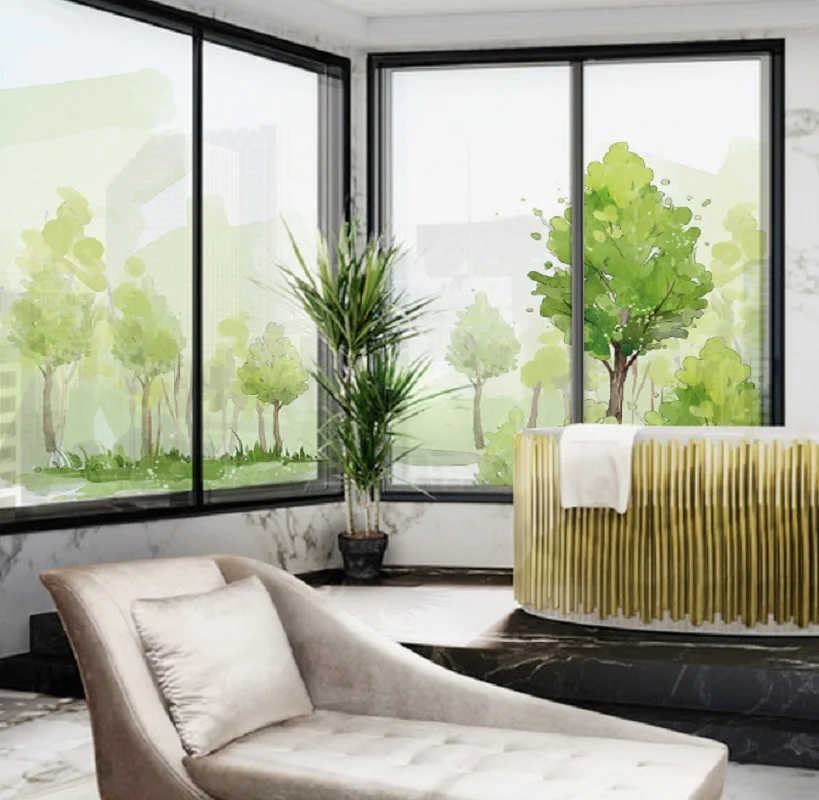 Статическая прозрачная стеклянная пленка размер на заказ узор с зеленым деревом