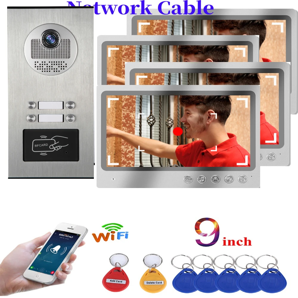 

Video Intercom 9 Inch Monitor Wired Network Cable WIFI Video Doorbell Door Phone RFID Access Unlock Intercom System 6 Apartment