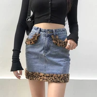 adogirl leopard patchwork denim skirt 2021 summer chic high waist bodycon skirt blue jeans bottom zipper up workout activewear