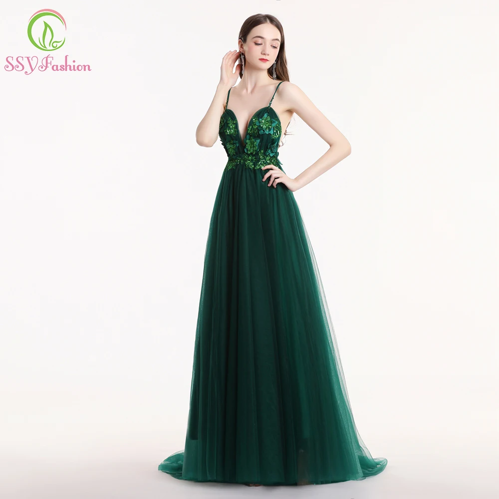 SSYFashion/Новое пикантное платье для выпускного с v-образным вырезом и открытой спиной, без рукавов, винно-красного цвета, кружевной цветок, праздничный официальный вечерний наряд, подиумные платья - Цвет: Зеленый