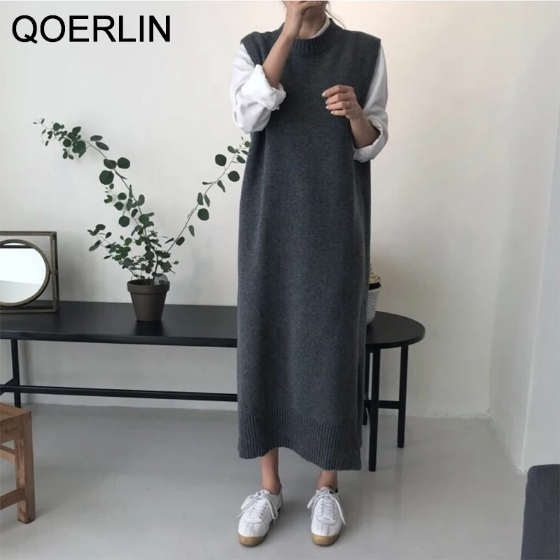 QOERLIN Long Knit Oversized Women Maxi Sweater Dress Warm Sweater Vest Loose Tunic Dress High Street Baggy Midi Pullover Dress