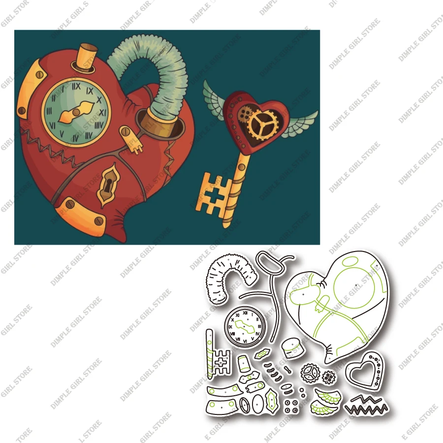 

2021 new steampunk heart-shaped key lock metal cutting layered mold diy scrapbook birthday greeting card production