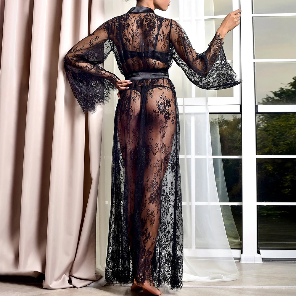 

Women Long Sleeve Lace Dress Fashion Solid Sexy Perspective Pajamas Robe Sleepwear Belt Slim Kimono Underwear Lingerie Gown D30