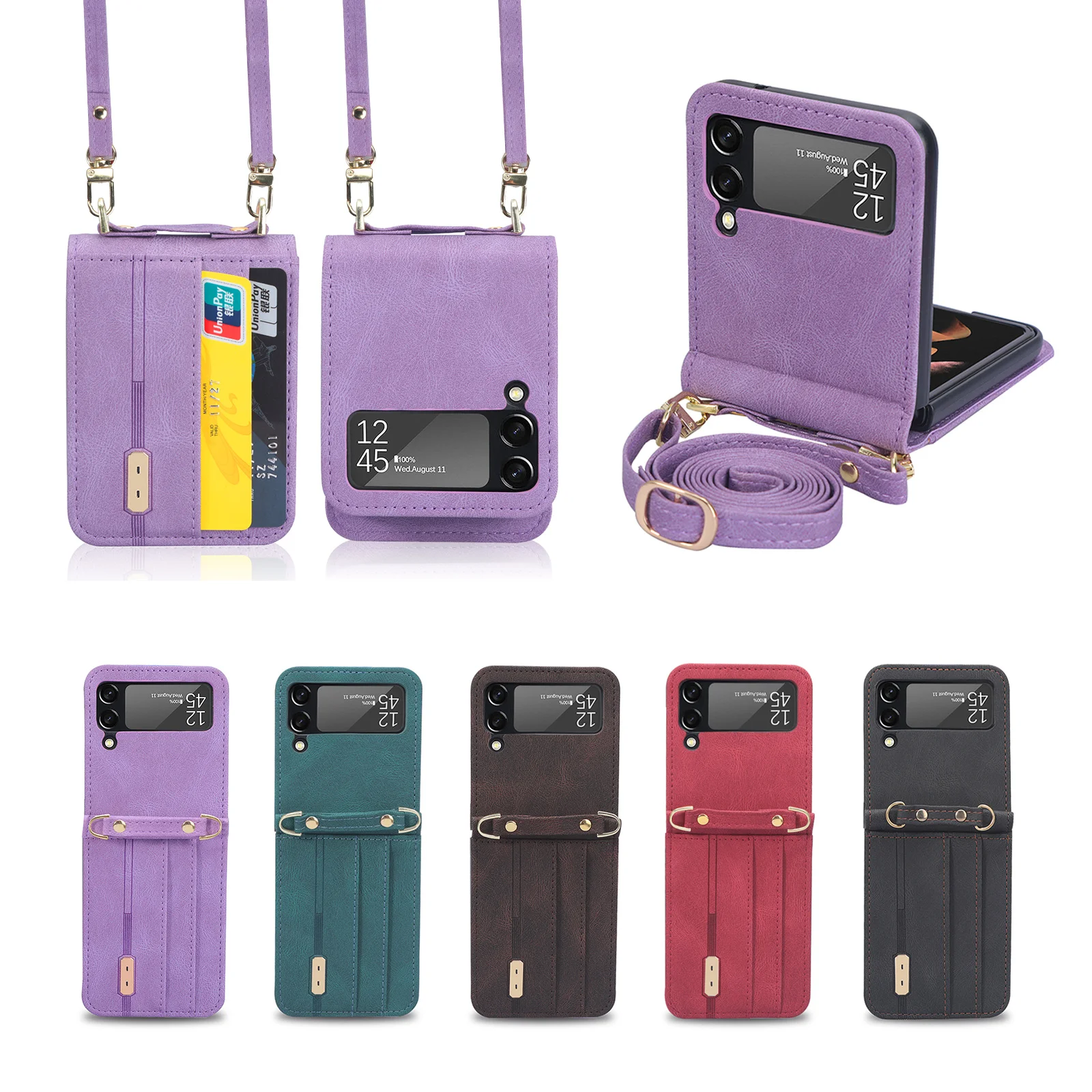 

For Samsung Galaxy Z Flip 3 4 5G Phone Case for Z Flip3 Flip4 Leather Flip Multi-card slot Lanyard Integrated Protective Sleeve