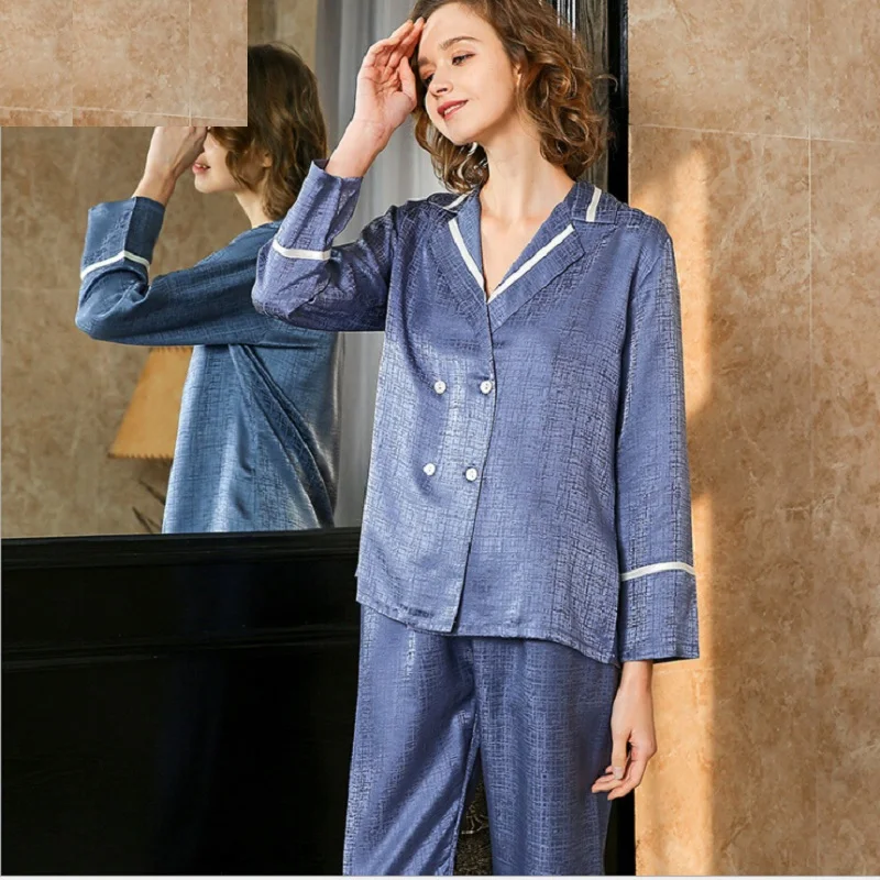 Womens Pajamas Homewear Sleepwears Sets 2020 Silk Stain Pink Full Sleeve Double breasted Vintage Fashion Sleep Pyjama Set Lady