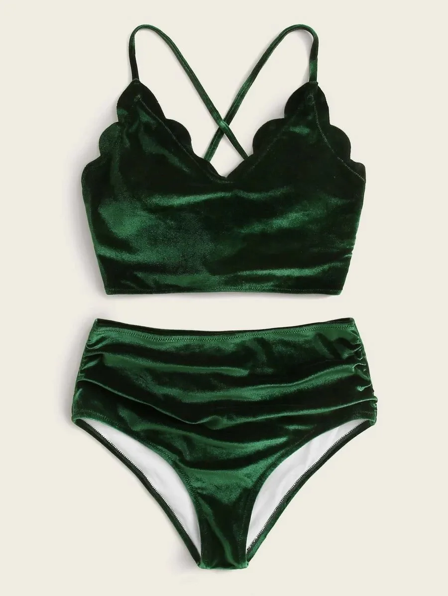 

Velvet Bikini 2021 Women Solid Green Ruffled Swimsuit Female Bathers Bathing Suit Lace Up Bandgae High Waist Swimwear Biquini