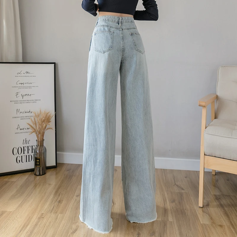 

Fashion jeans 2021 spring new casual loose high waist drape frayed straight wide-leg pants baggy jeans women