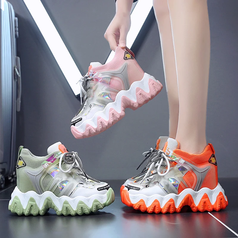 

Women Platform Shoes Woman Fashion Mesh Breathable Chunky Sneakers Student Casual Shoes New Summer 10CM Wedges Daddy Shoes