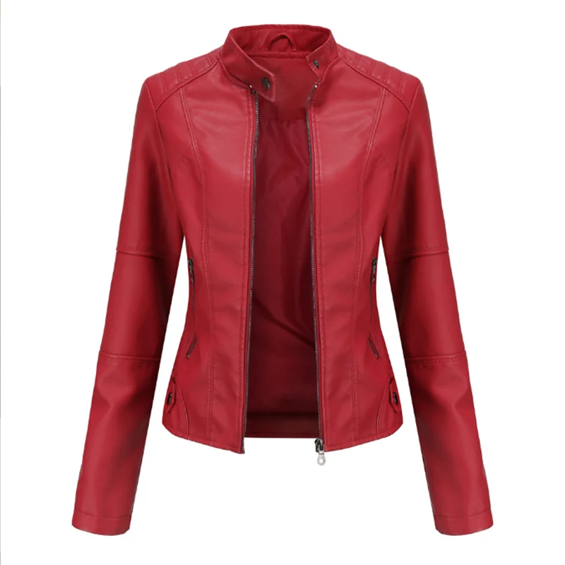Женская Байкерская кожаная куртка на молнии красная черная абрикосовая кофейная