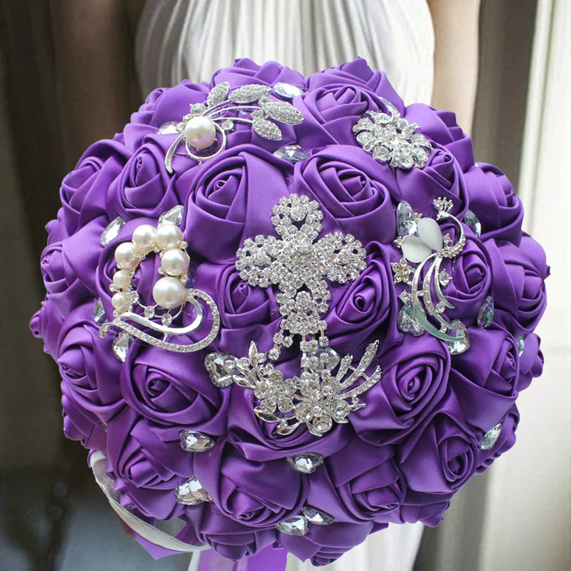 

1pc/lot Purple Wedding Bouquet Ivory Satin Rose Artificial Flowers Brooch Marriage Rhinestone Bridal Bridesmaid Bouquets