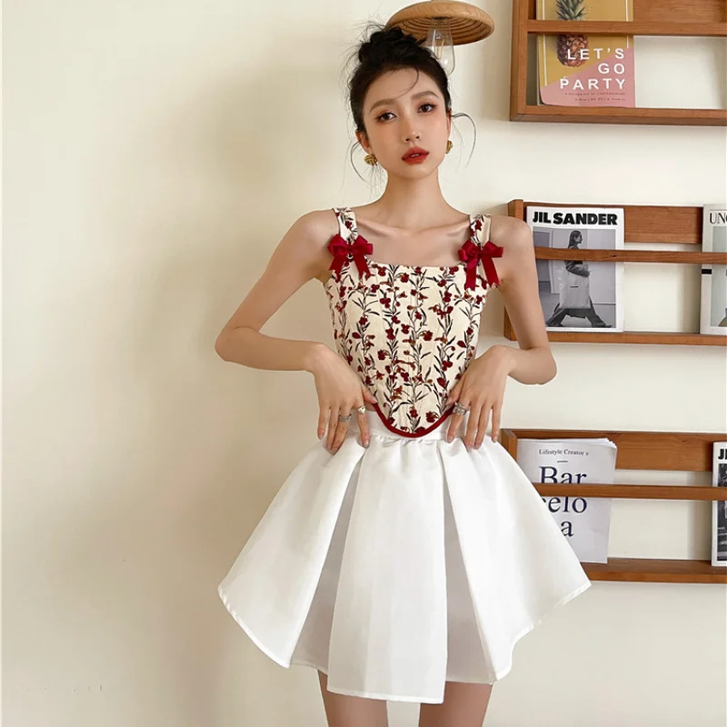 

Kimotimo Red Print Bow Bandage Corset Women Summer Sweet Design Spaghetti Strap Slim Crop Tops Korean Hot Girl Fashion Tank Top