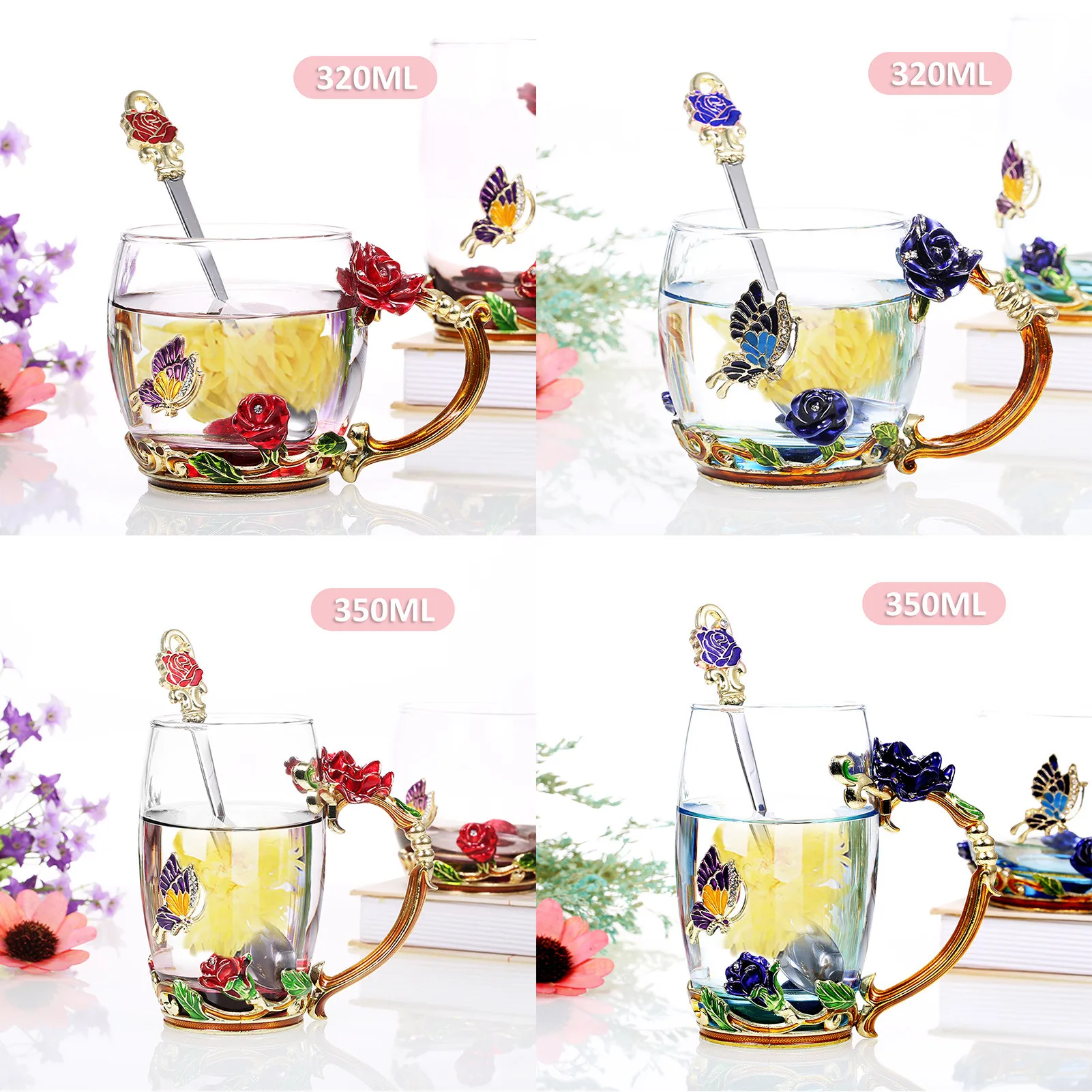

Кружки класса 350 мл/320 мл, стеклянная чашка с эмалью и цветами, теплоизоляционные прозрачные чашки для чая, чашки для кофе и напитков с ложкой,...