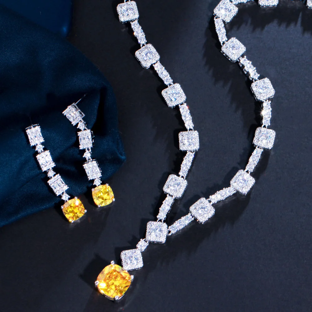 

CWWZircons Classic Square Cut Yellow Cubic Zirconia Stone Wedding Necklace Earrings Dubai Nigerian CZ Bridal Jewelry Sets T591