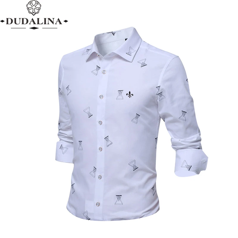 Принт песочные часы мода Blusa Camisa Social Masculina Dudalina с длинным рукавом Slim Fit рубашка мужская Цветочная одежда пуловер Белый мужской