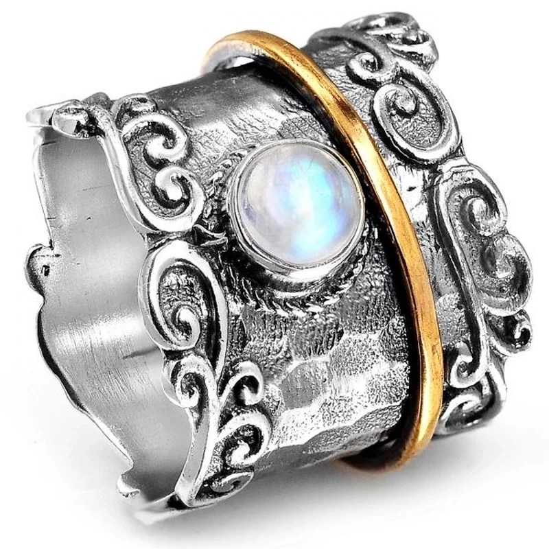 

Mifeiya Vintage Bohemian Women's Ring Domineering Two-tone Engraved Pattern Moonstone Female Ring for Party Jewelry Size 5-11