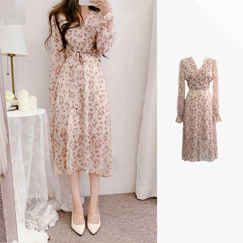 

Женское винтажное шифоновое платье, элегантное милое винтажное платье миди с V-образным вырезом, цветочным принтом, высокой талией и шнуров...
