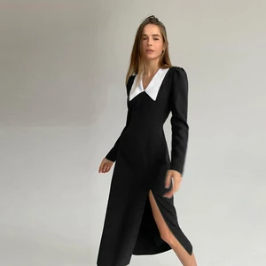 Winter New 2021 Fashion Women Maxi Dress Long Sleeve V Neck Slim Streetwear Elegant Black Dress Part