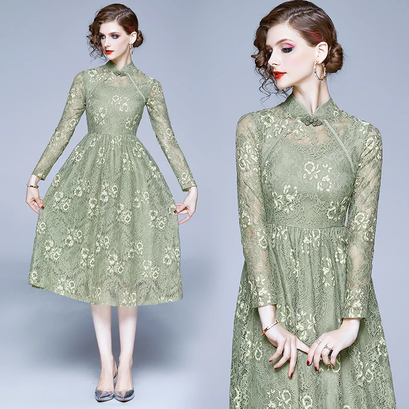 

2021 Runway New Lace Dress Work Casual Slim Fashion Sexy Hollow Out Party Dresses Women A-line Vintage Vestidos