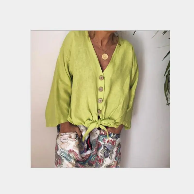 Женские рубашки 2019 летняя однотонная Повседневная Свободная рубашка с v-образным
