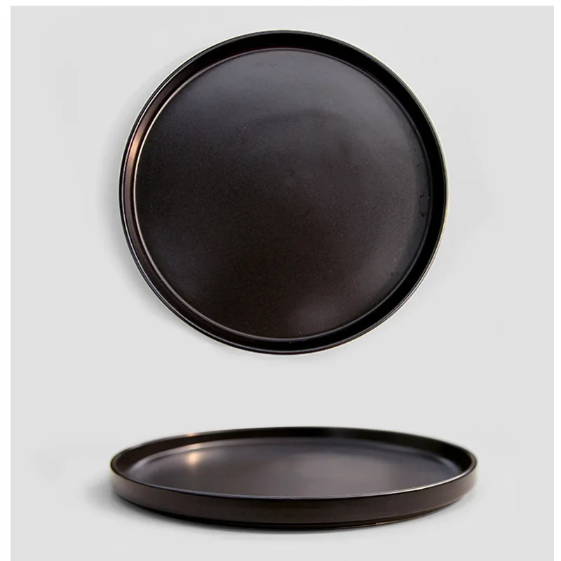 

Black and white frosted ceramic large flat plate Japanese cake snack tray baking plate Western food plate steak plate