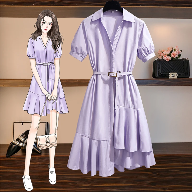 

L-4XL Clothes For Women Large Sizes Purple Blouses Dress Summer 2021 New Loose Turn-down Collar Ruffle Fringed Dress Female Belt