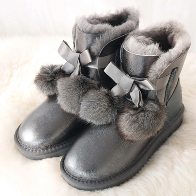 

G&Zaco Luxury Genuine Sheepskin Boots Women sheep wool shoes women Waterproof Snow Boots Winter leather boots Bow Fox Ball Shoe