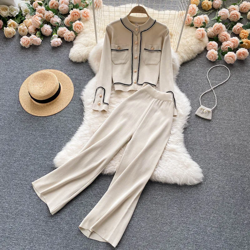 

Autumn Knitted Trouser Sets O-neck Single Breasted Cardigans Coat + Straight Long Pants Two-piece Tracksuit Female