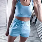 костюм женский летний Женский Повседневный комплект из двух предметов, однотонная спортивная одежда с коротким топом и шортами на шнуровке, летний комплект для отдыха, 2021