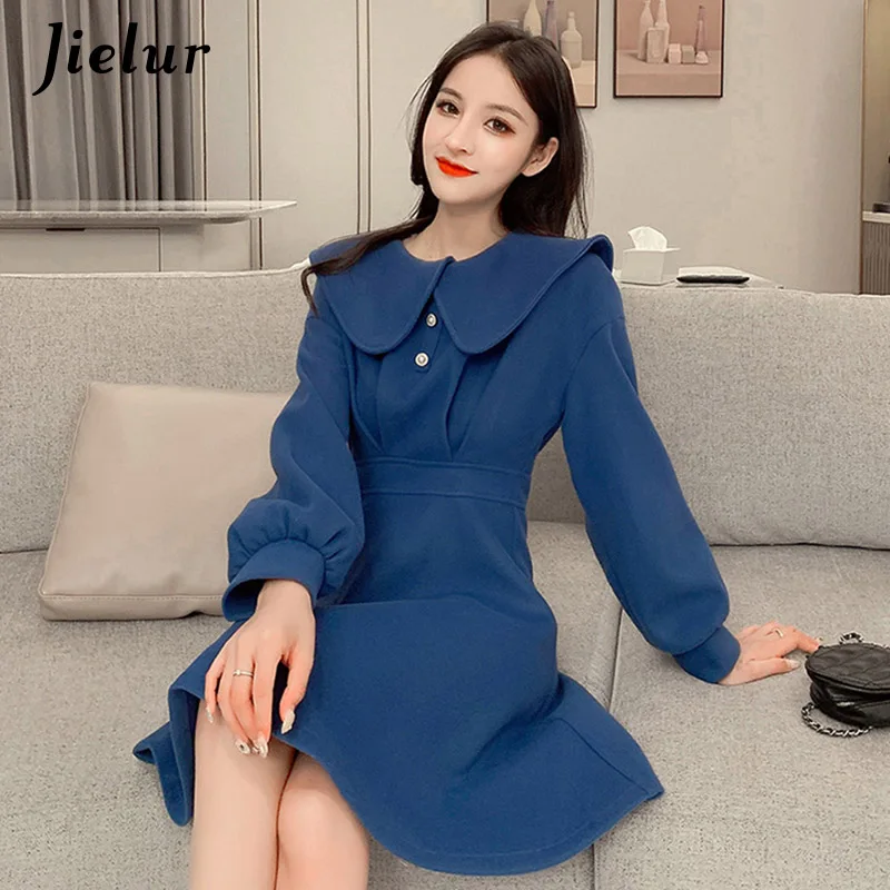 Женское шерстяное платье Jielur плотное зимнее приталенное с пышными рукавами и