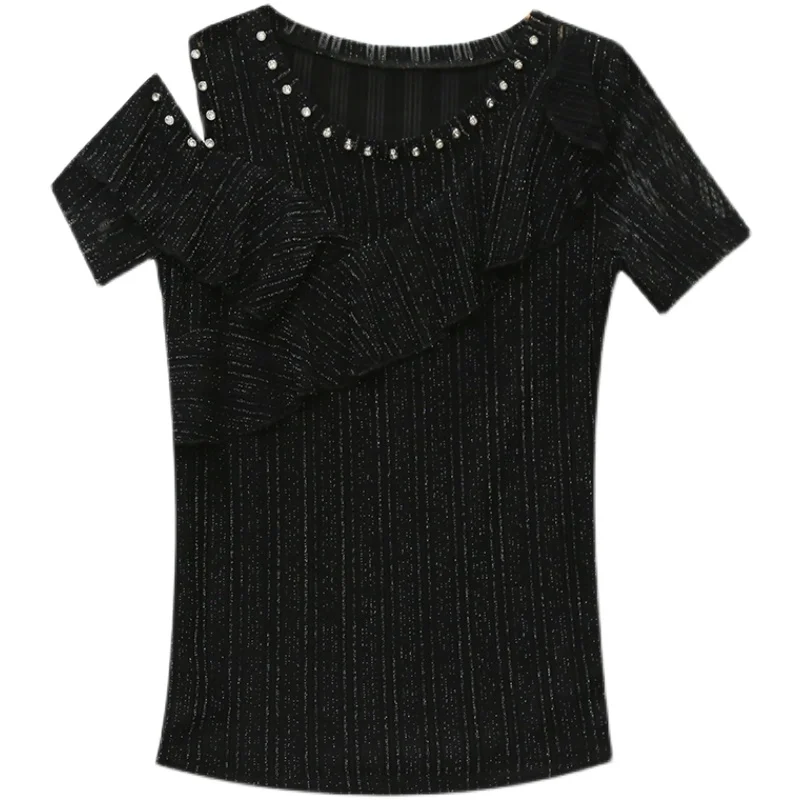 

Diamonds Off-The-Shoulder Net Yarn Brim Cultivate Short Sleeve T-Shirt Heavy Industry Beading 2021 Spring Summer Ruffles Women