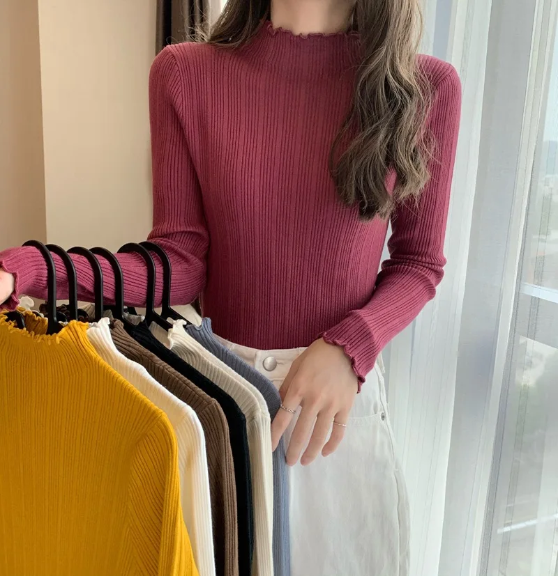 

Sweater shirt women's autumn winter new warm leaf collar sweater women half high neck pullover long sleeve sweater women trendy