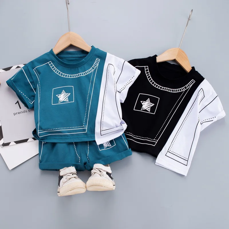 

New summer handsome boys shorts short sleeve Boys Toddler two piece round neck Pullover T-shirt loose and comfortable suit