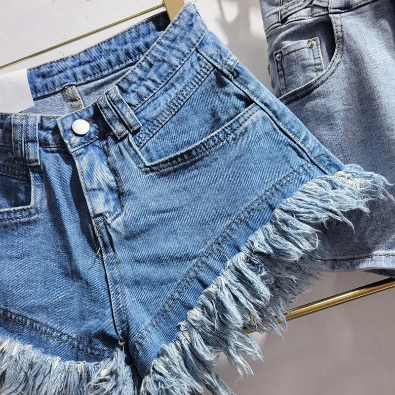 

SeeBeautiful Tassel Stitching Loose Denim Shorts High Waist Button Zipper Pockets New Fashion Spring Summer 2021 Woman E333